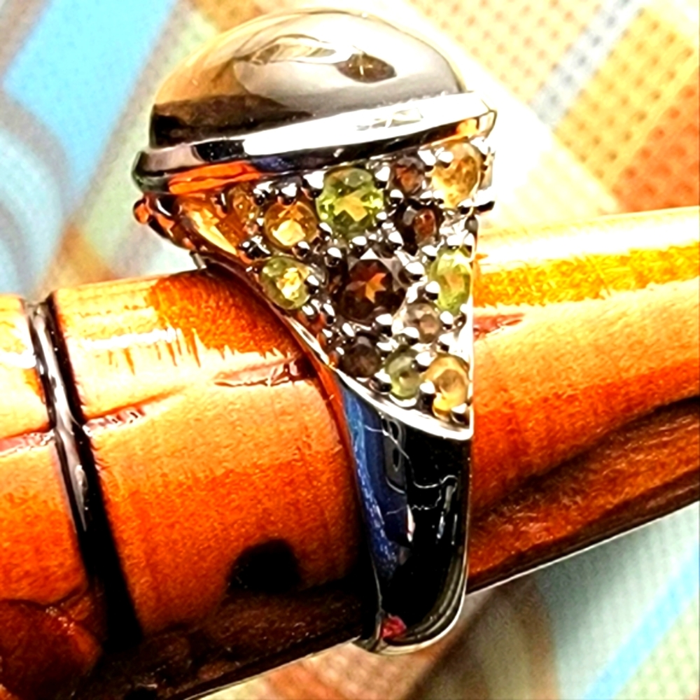 COPY - 🐚 David Sigal SS Smokey Quartz Oval Cabochon Ring with Citrine & Peridot - Picture 2 of 16